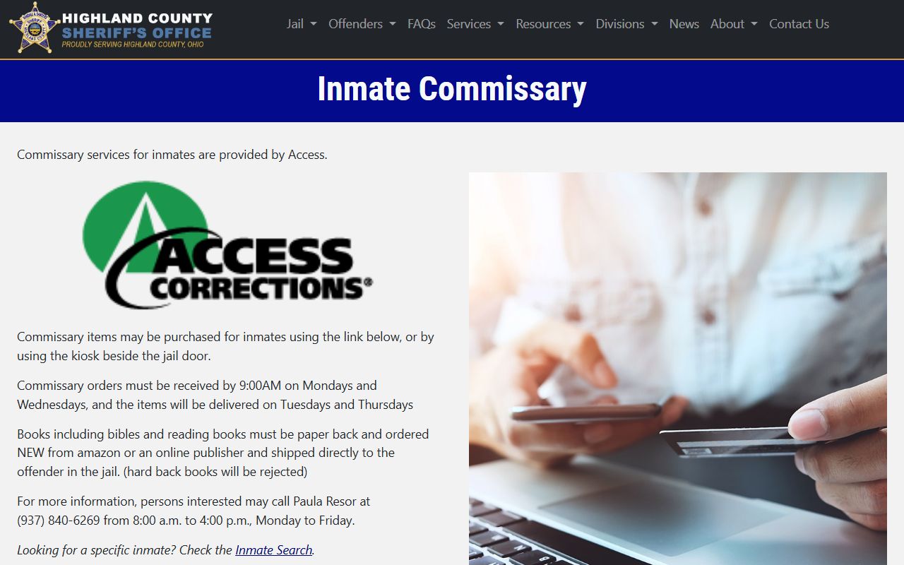Highland County Jail commissary Access ordering and inmate funds details