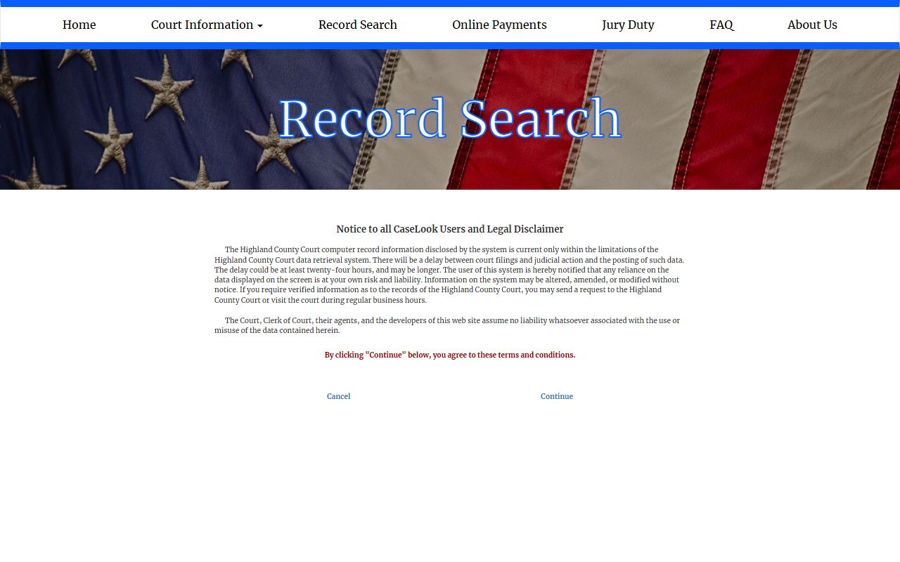Highland County Court record search disclaimer after arrest