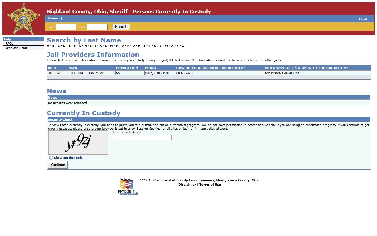 Highland County jail roster provider table and inmate population search