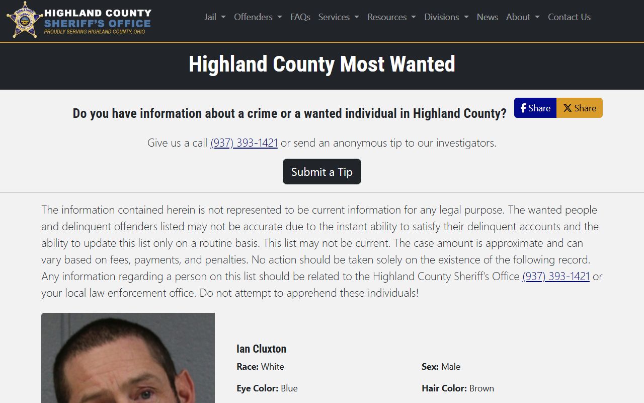 Highland County most wanted page is not a jail mugshot gallery