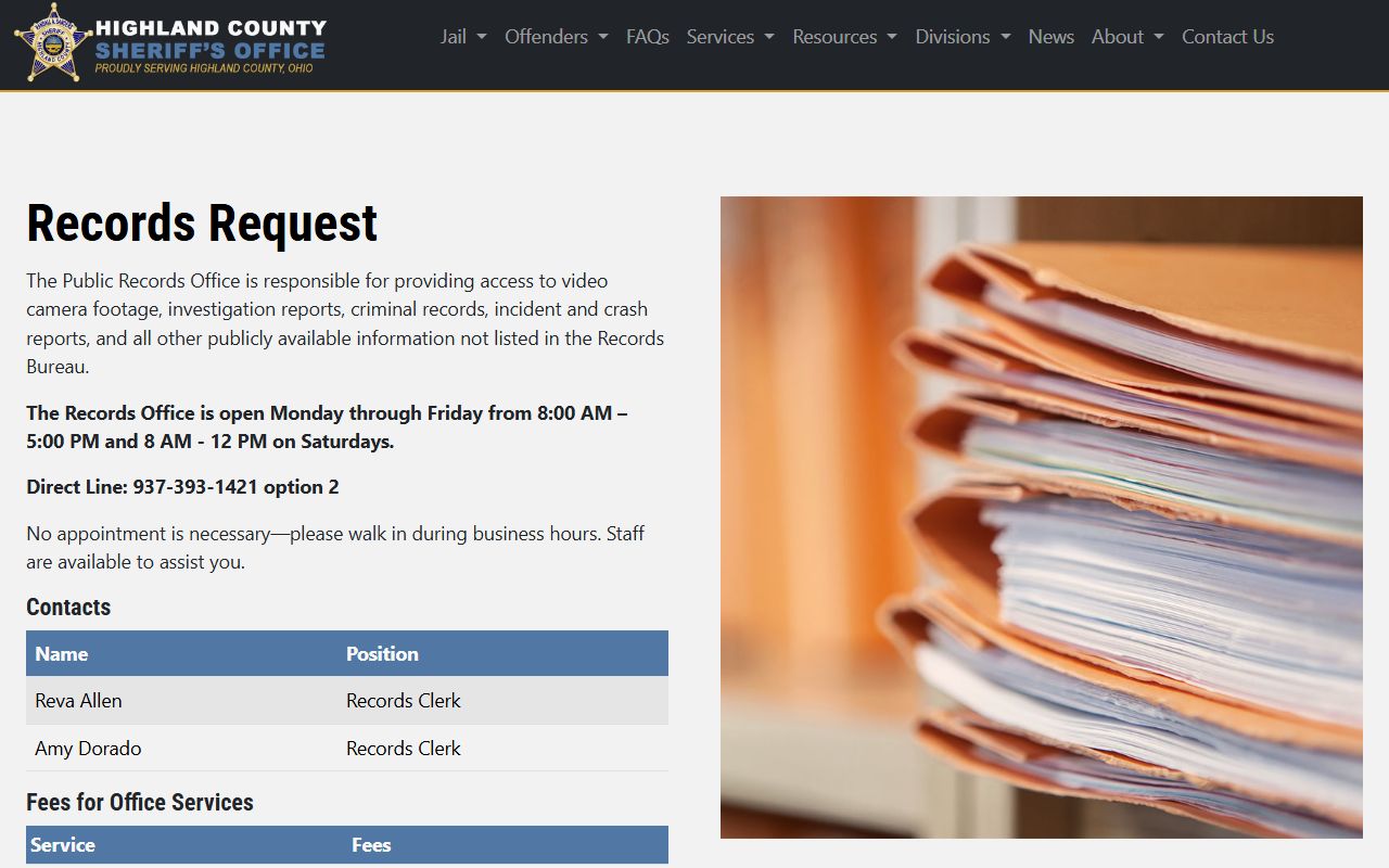 Highland County sheriff records office booking photo requests