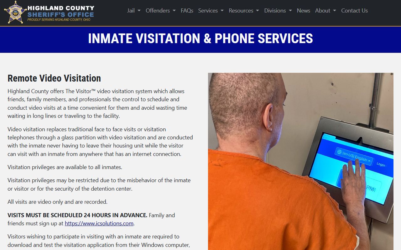 Highland County inmate visitation and phone services information